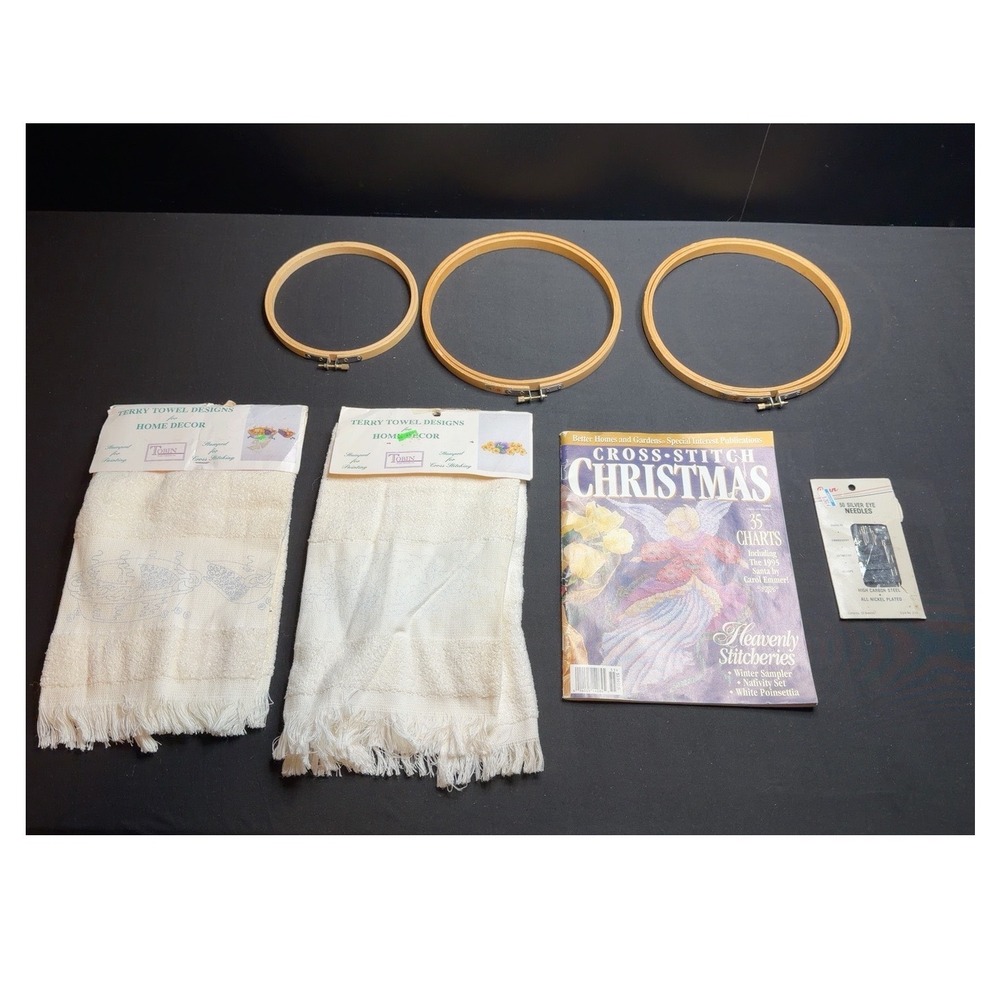 Vintage Cross Stitch Craft Lot Tobin Towels 3 Hoops Magazine Needles